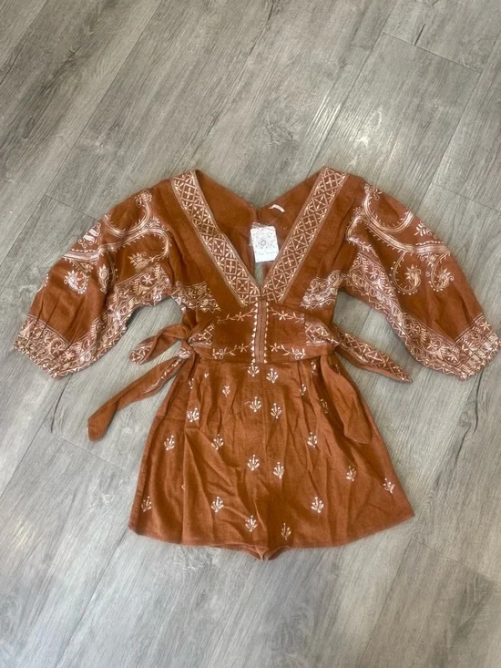 NWT Free People Azalia Boho Embroidered V-Neck Shorts Romper in Chocolate Brown - Picture 4 of 12